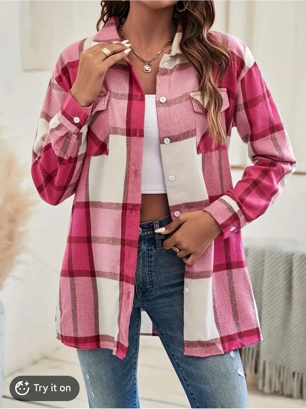 Shein Women’s Pink Plaid Button-Up Shirt Jacket - Small